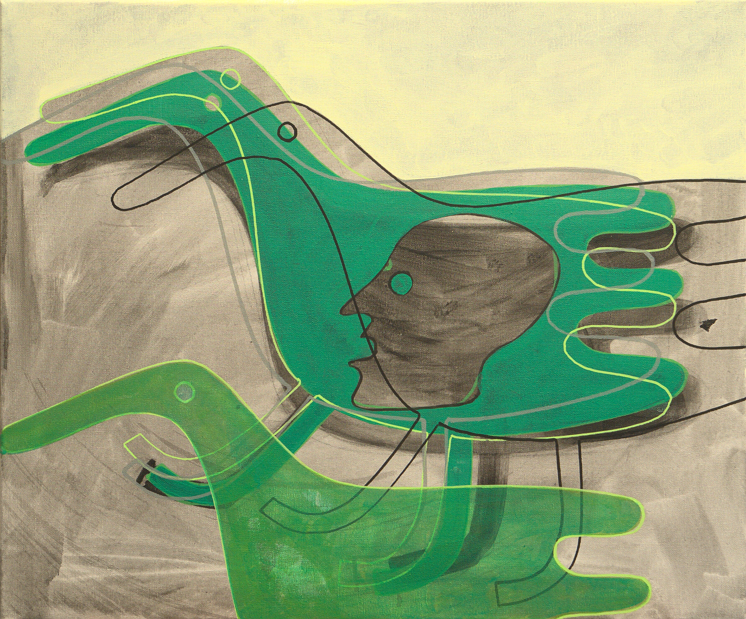 Dipinto in verde, grigio carbone e giallo pallido. Una grande mano aperta attraversa la tela dietro un profilo scuro, mentre un'altra forma verde simile a una mano sale dal basso e linee nere e verde lime serpeggiano sulle figure.