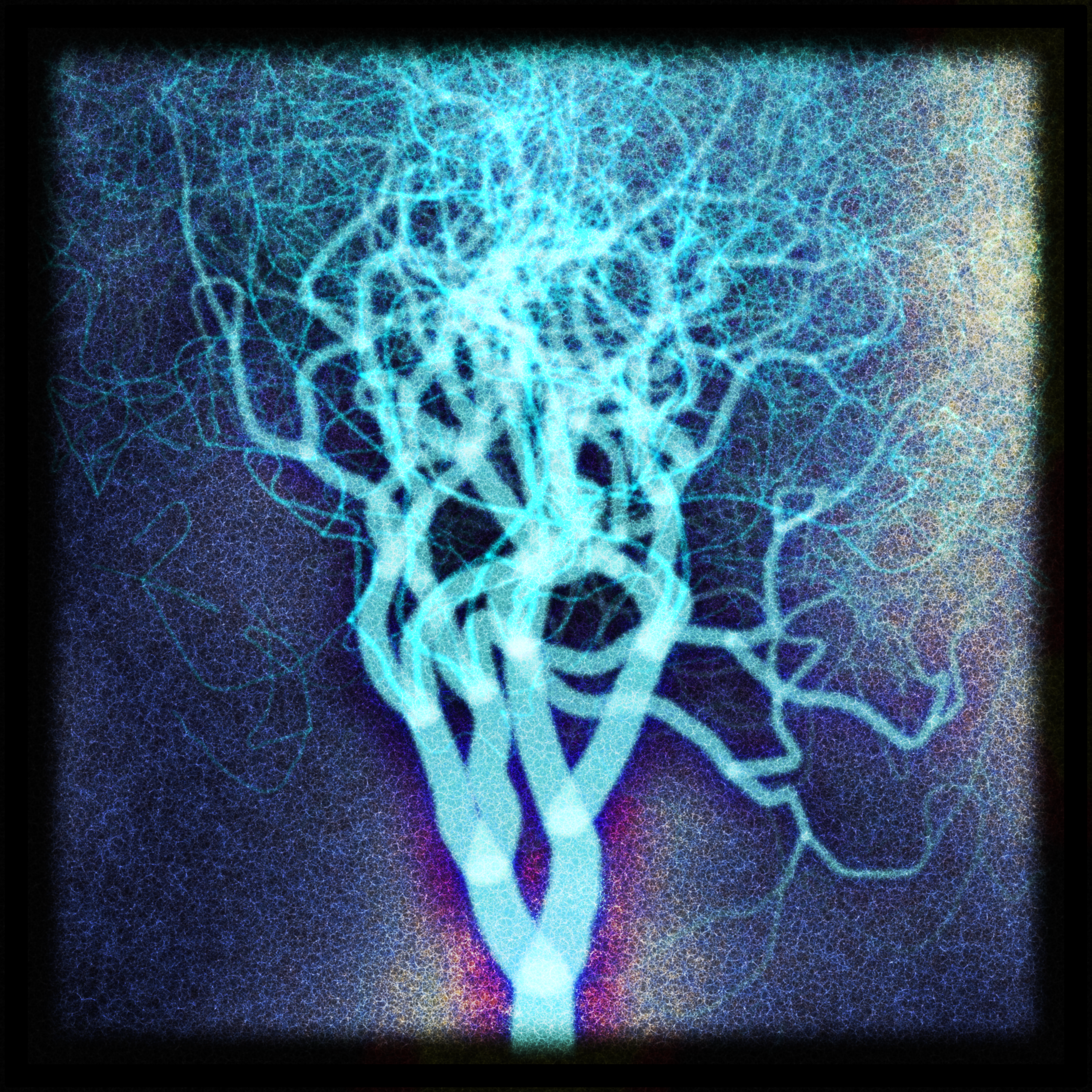 Image générative d'un arbre jaillissant vers le haut dans une lumière rayonnante depuis une base tressée et incandescente sur un fond sombre, de fins filaments giclant comme des étincelles - une genèse singulière dont on est témoin.