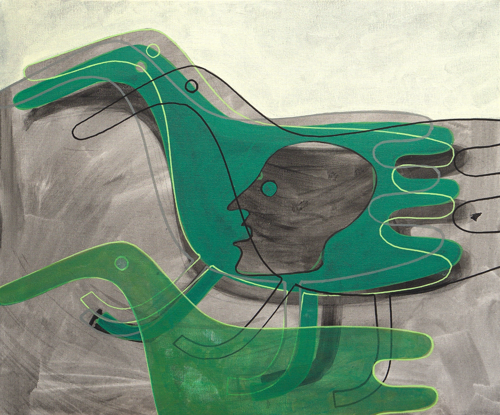 Painting in green, charcoal grey, and pale yellow. An enlarged open hand crosses the canvas behind a dark profile, while another green hand-like form rises from below and looping black and lime lines pass over the figures.