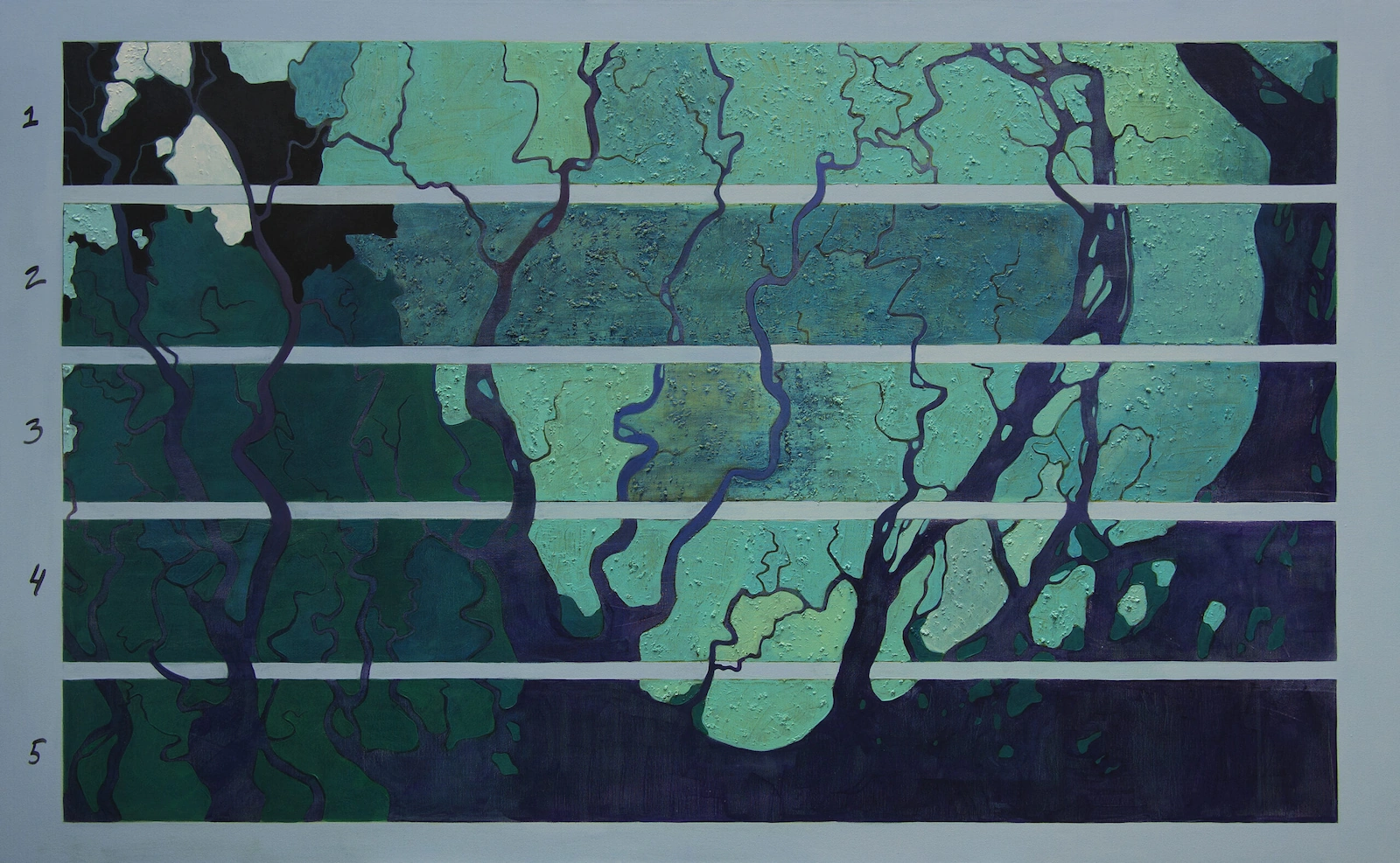Painting of the Ganges delta abstracted from above - a branching network of channels threading through dense vegetated land and dissolving into open water, divided into five horizontal bands that double as a graphical score.