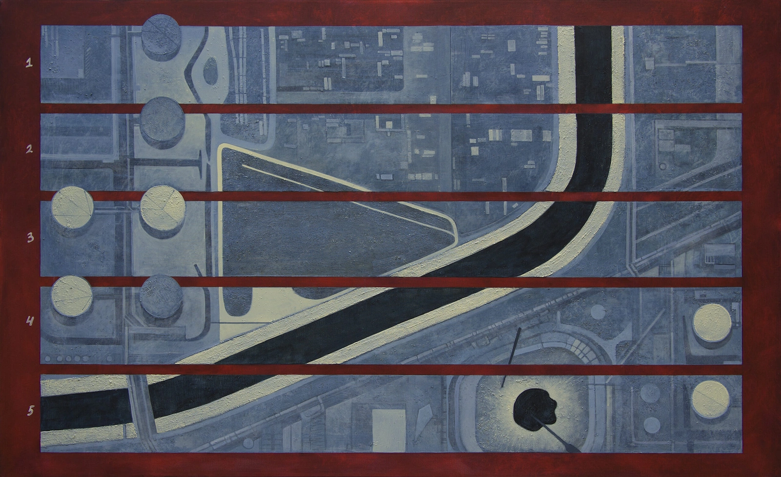Painting of the Dominguez Channel and the Port of Los Angeles seen from above - a grid of docks, roads and circular storage tanks cut by the dark diagonal of the channel, framed and divided into five horizontal bands that serve as the score's flow of time.