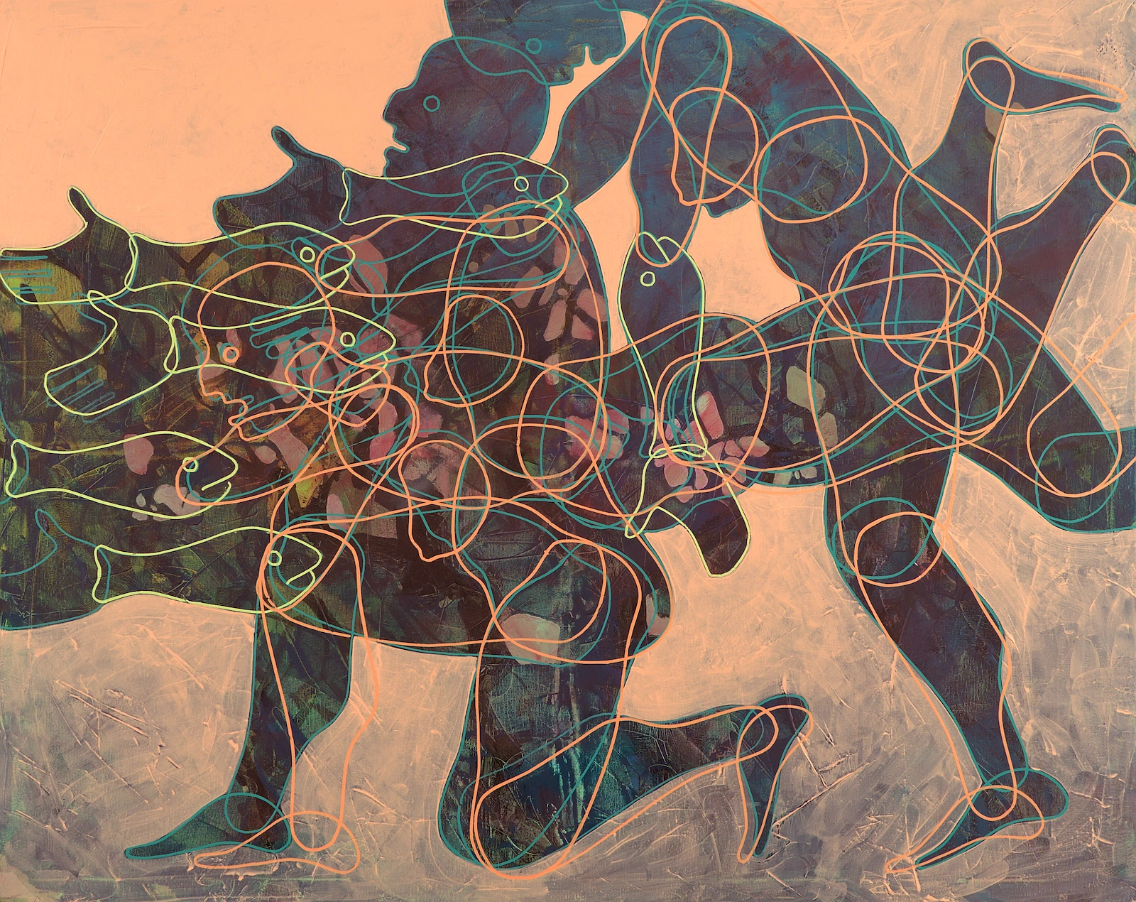 Painting of overlapping figures and fish-like shapes, with bent limbs and outstretched hands crossed by looping outlines on a peach-coloured ground.