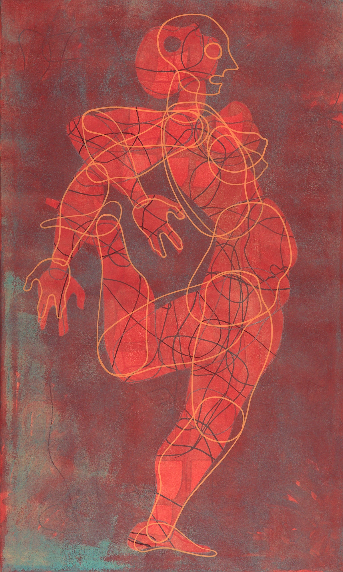 Dipinto di una figura rossa dal corpo pieno vista di profilo, con un ginocchio sollevato e le braccia protese, attraversata da linee libere e contorni sovrapposti.