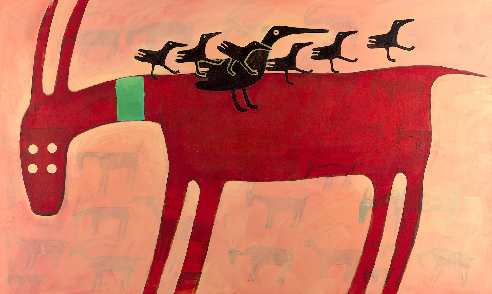 Painting of a long red goat with tall horns and four round eyes, carrying a row of small black birds and a larger overlapping bird on its back.