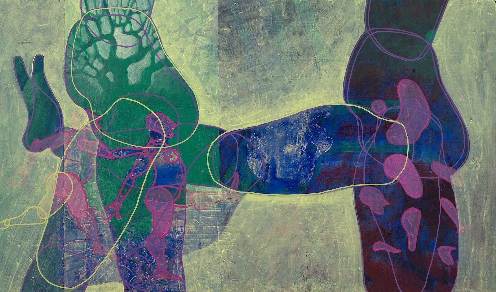 Painting of two upright forms linked by a long horizontal shape, crossed by looping outlines and small hand-like marks.