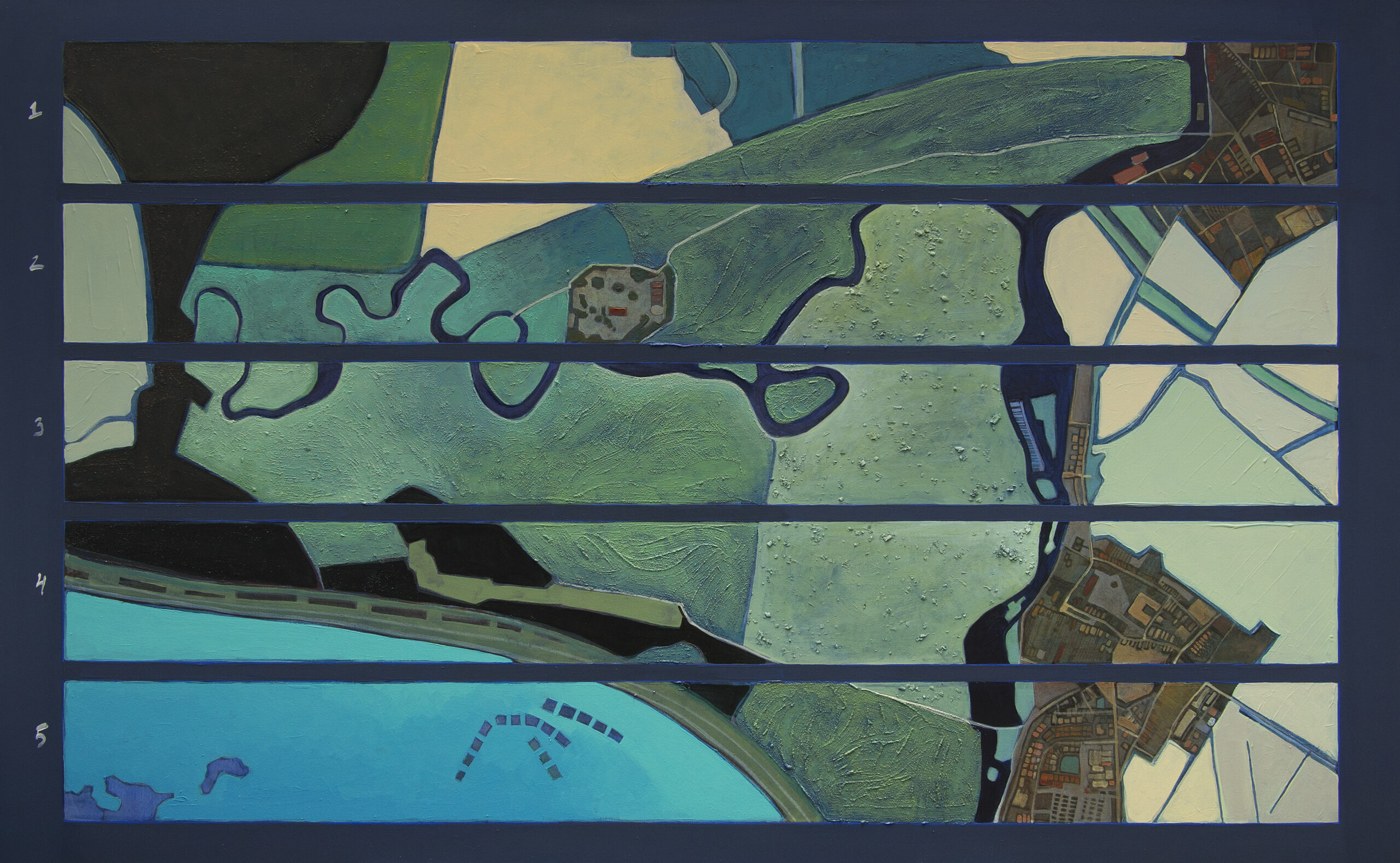 Painting of the Danube sighted from above and abstracted to a map - floodplain, water and the blocks of a town, divided into five numbered horizontal bands read, top to bottom, as the flow of time in a musical score.