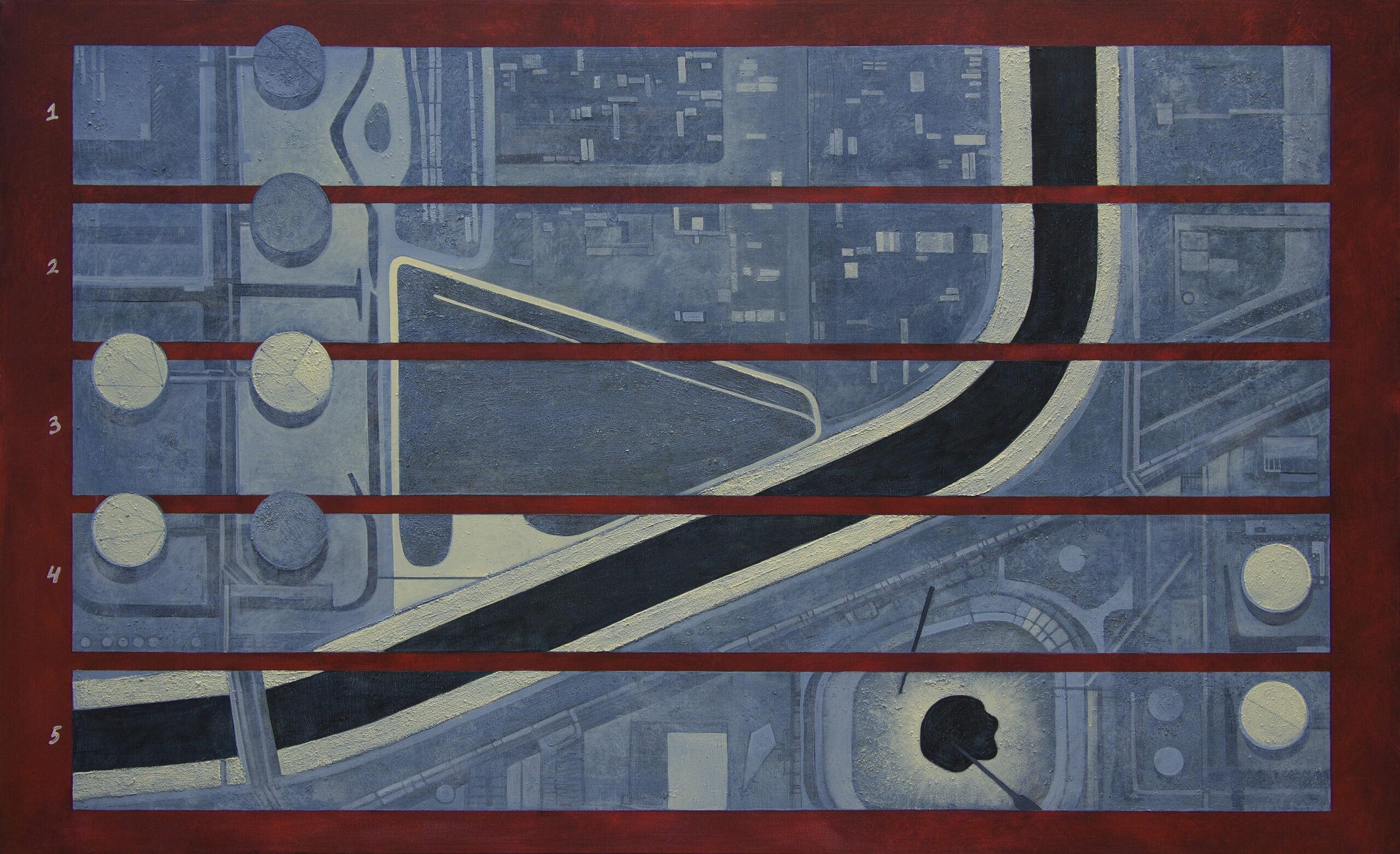Painting of the Dominguez Channel and the Port of Los Angeles seen from above - a grid of docks, roads and circular storage tanks cut by the dark diagonal of the channel, framed and divided into five horizontal bands that serve as the score's flow of time.