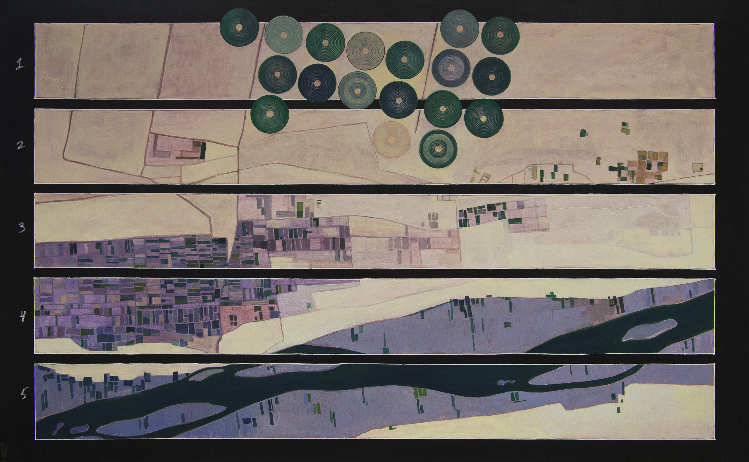 Painting of the Nile sighted from above and abstracted to a map - desert giving way to clustered circular pivot-fields and a patchwork of cultivation, the river threading the lower of its five horizontal bands, read top to bottom as a musical score's flow of time.