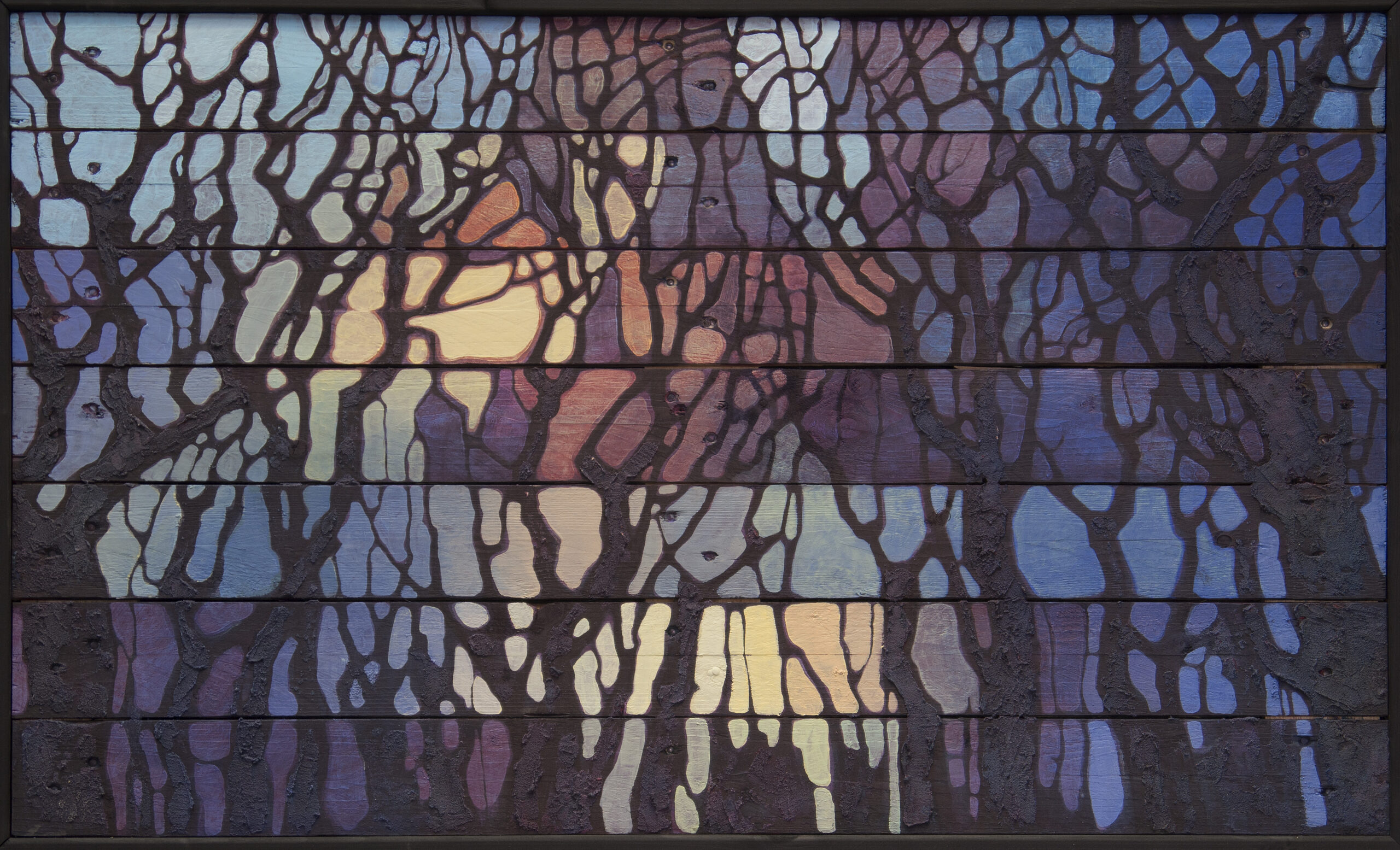 Painting of a dense lattice of dark tree silhouettes screening a luminous lakeside sunset reflected in the water below, across seven horizontal planks that a duo reads as foreground and background, translated into sound.