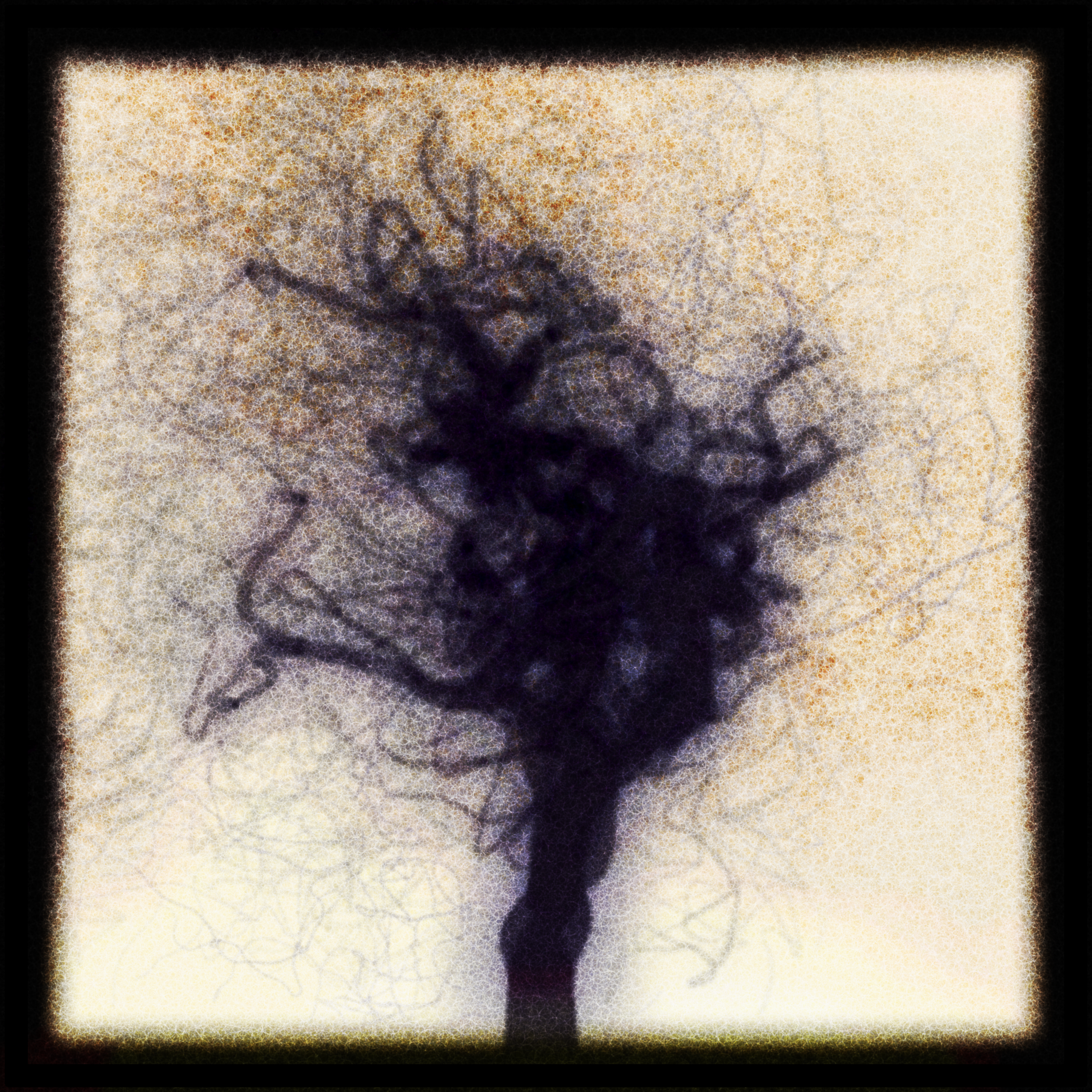 Generative image of a compact, round-crowned tree on a pale flecked ground, a dense cloud of looping branches on a short trunk, wisps scattering at the edges.