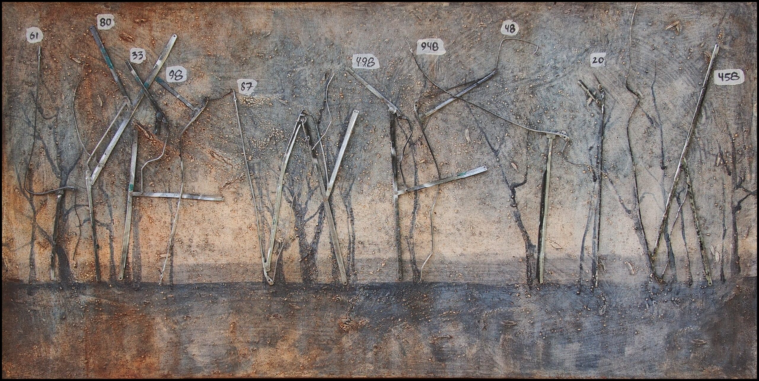Painting of a bare winter grove - slender trees scratched into the surface and grown from embedded umbrella ribs, each tagged with a small numbered label, standing above a cold band of reflecting water.